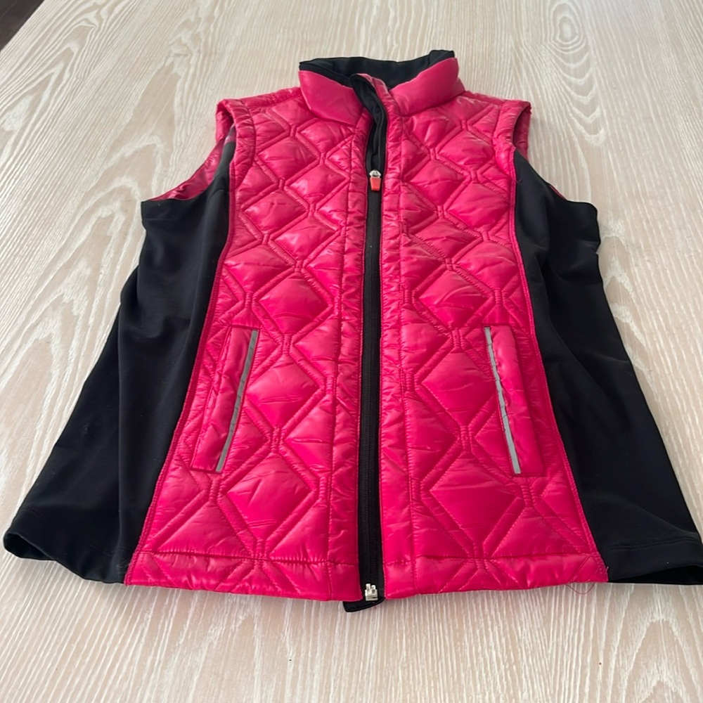 Nanette Lenore pink quilted down vest black side panels sz S